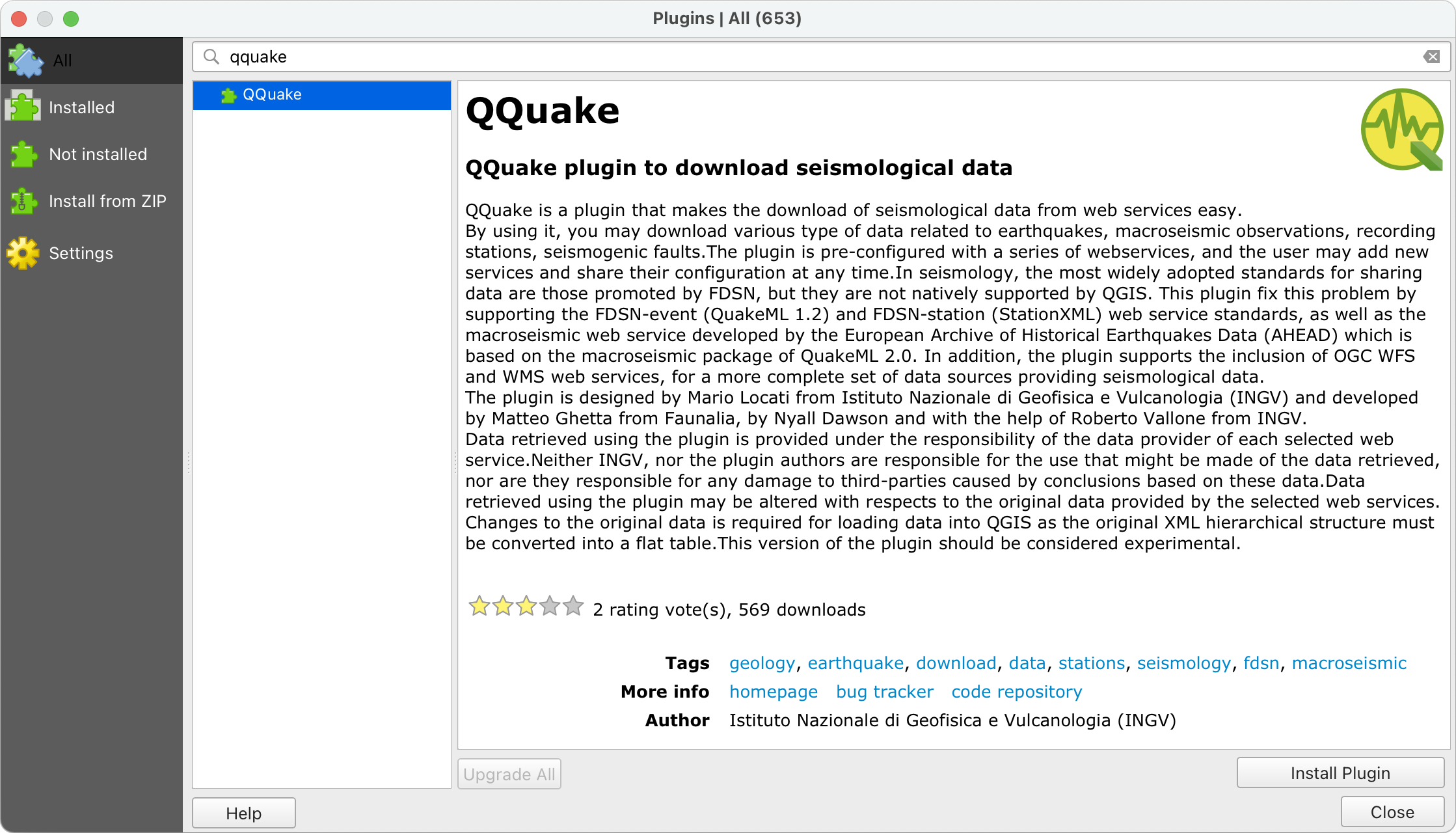 screenshot showing how to install QQuake into QGIS